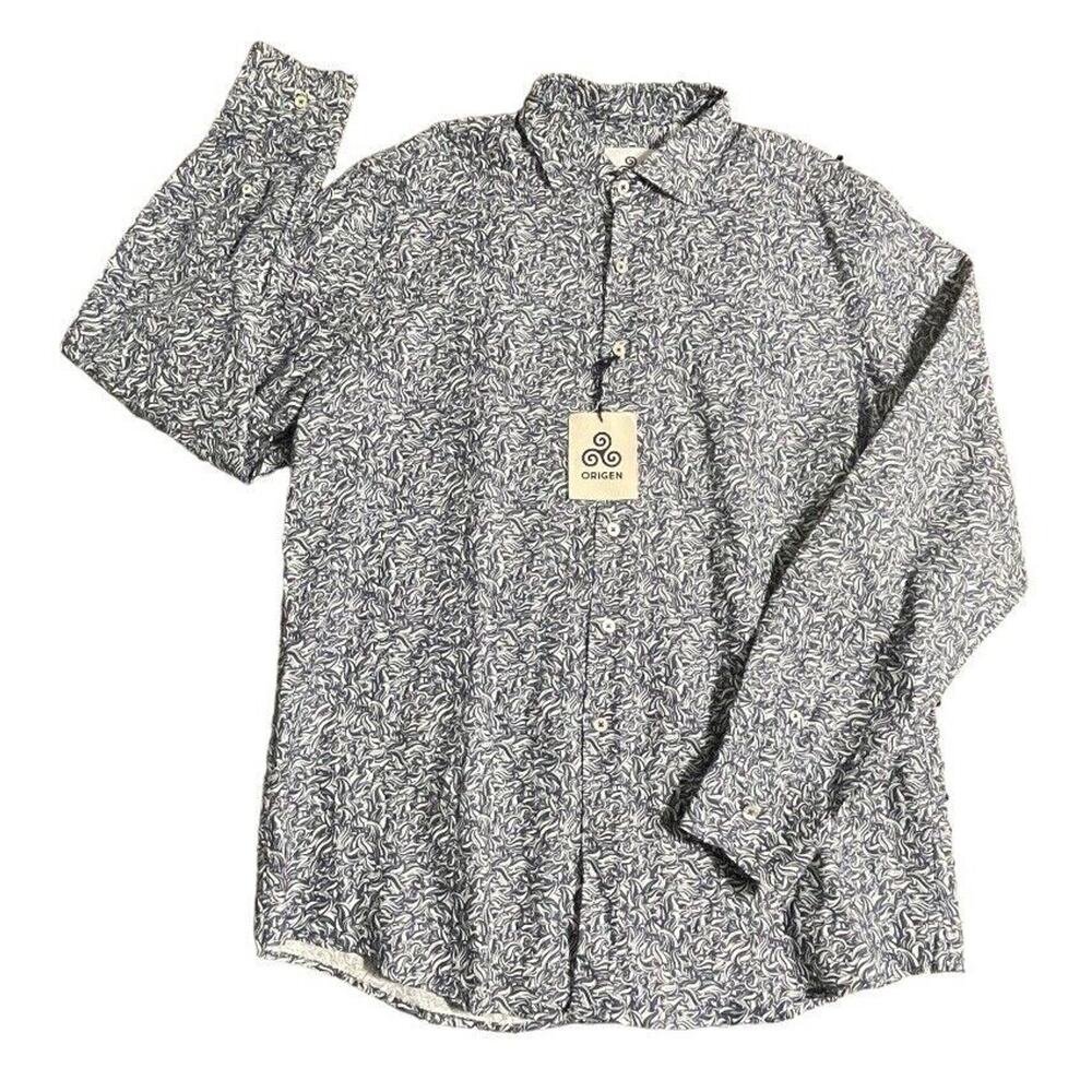 NWT Origen Man Storm LS Button Up Shirt Floral AOP Print Linen Blend Blue XL Men